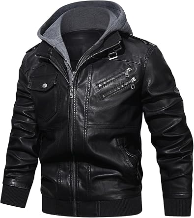 Men’s Casual Stand Collar PU Faux Leather Zip-Up Motorcycle Bomber Jacket With a Removable Hood