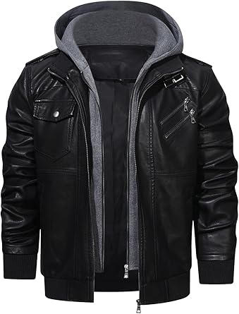 Men’s Casual Stand Collar PU Faux Leather Zip-Up Motorcycle Bomber Jacket With a Removable Hood