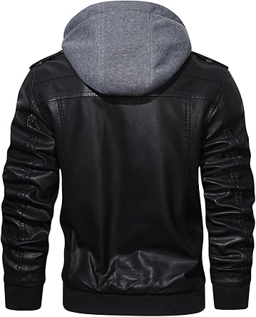 Men’s Casual Stand Collar PU Faux Leather Zip-Up Motorcycle Bomber Jacket With a Removable Hood