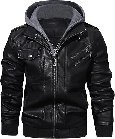 Men’s Casual Stand Collar PU Faux Leather Zip-Up Motorcycle Bomber Jacket With a Removable Hood