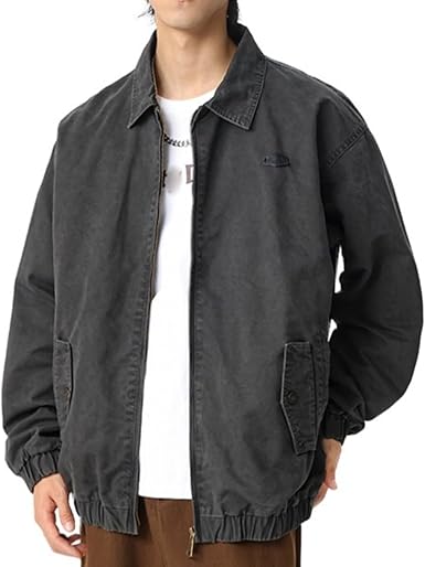 Men's Washed Cotton Bomber Jacket Fashion Zip Up Loose Fit Long Sleeve Jean Jackets